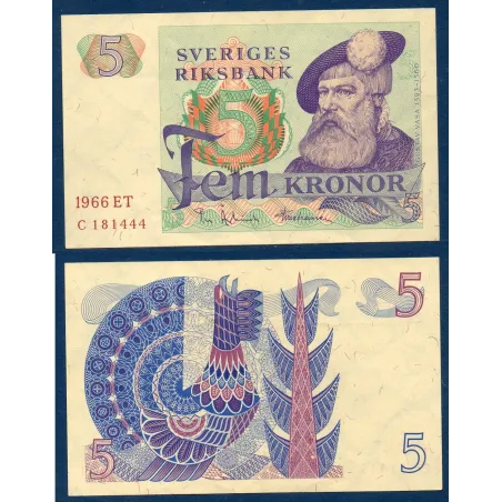 Suède P.51a, TTB Billet de 5 Kronor 1965-1969 Gustav Vasa