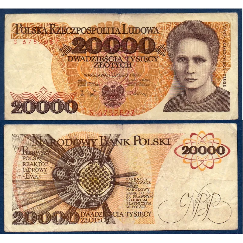 Pologne P.152a, TB, Billet de 20000 Zlotych 1989 Marie Curie Pologne P.152a, TB, Billet de 20000 Zlotych 1989 Marie Curie