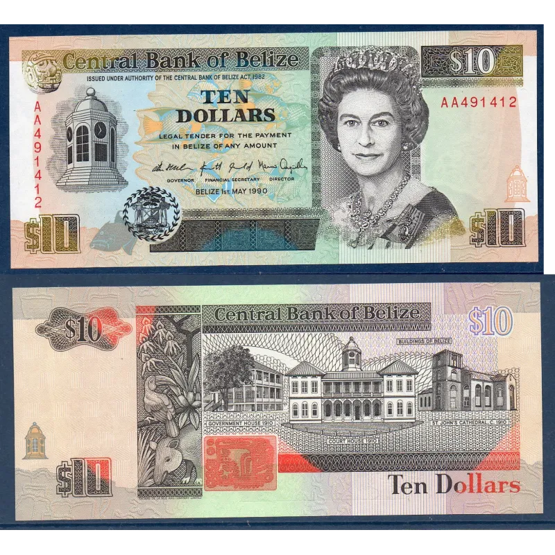 Belize P.54a, Neuf Billet de 10 dollars 1990 Belize P.54a, Neuf Billet de 10 dollars 1990