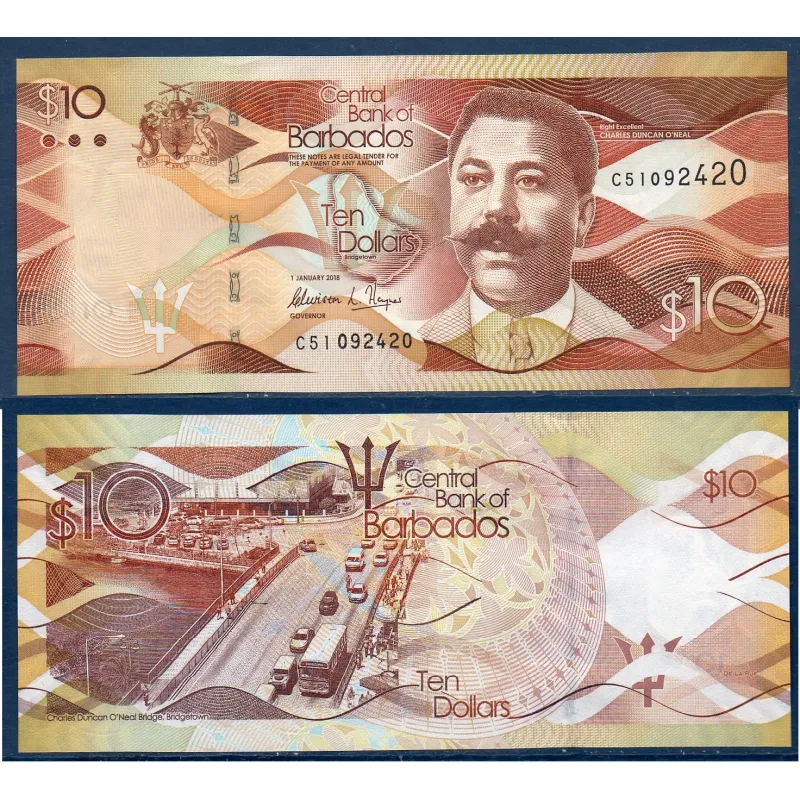 Barbade P.75c, neuf Billet de 10 dollars 2018 Charles O'Neal Barbade P.75c, neuf Billet de 10 dollars 2018 Charles O'Neal