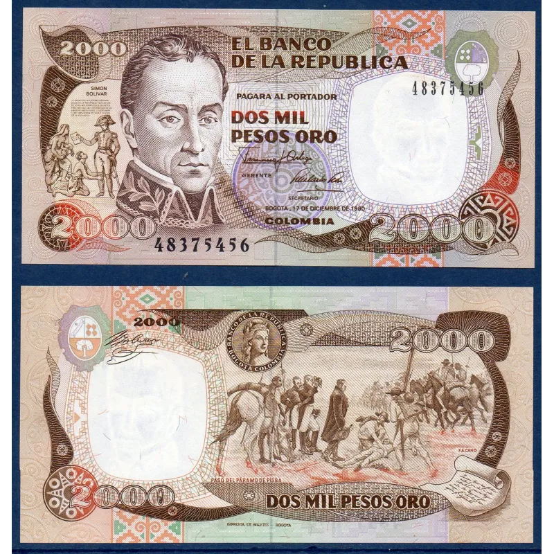 Colombie P.433c, Neuf Billet de 2000 Pesos 1990 Simon Bolivar Colombie P.433c, Neuf Billet de 2000 Pesos 1990 Simon Bolivar