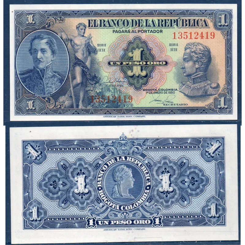 Colombie P.380f, neuf Billet de 1 Peso oro 1950 Francisco Santander Colombie P.380f, neuf Billet de 1 Peso oro 1950 Francisco Santander