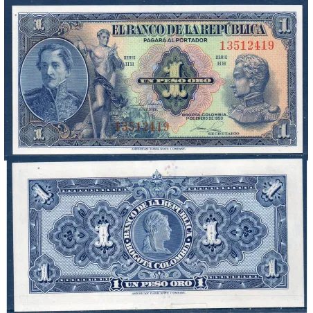 Colombie P.380f, neuf Billet de 1 Peso oro 1950 Francisco Santander