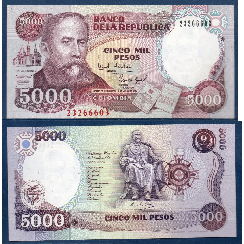 Colombie P.440b, neuf Billet de 5000 Pesos 1994-1995 Rafael Nunez Colombie P.440b, neuf Billet de 5000 Pesos 1994-1995 Rafael Nunez