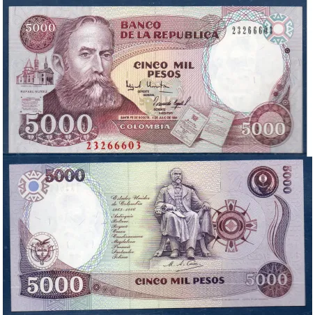 Colombie P.440b, neuf Billet de 5000 Pesos 1994-1995 Rafael Nunez