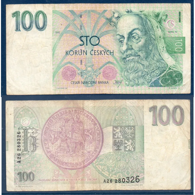 Republique Tchèque P.5a, TB, Billet de 100 Korun 1993 Karel IV Republique Tchèque P.5a, TB, Billet de 100 Korun 1993 Karel IV