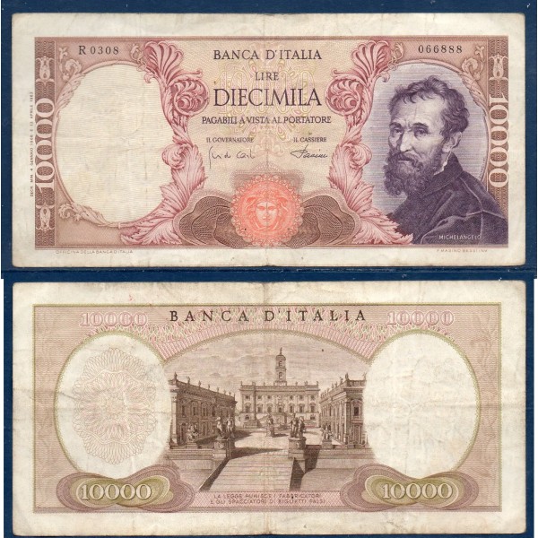 Italie P.97d, TB Billet de 10000 Lire 1968 Michelangelo