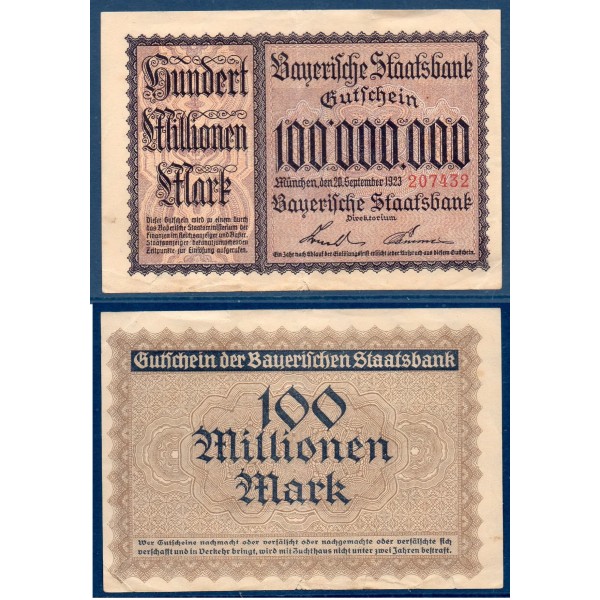 Allemagne Bavière P.non listé, TTB Billet de 100000000 Mark 1923
