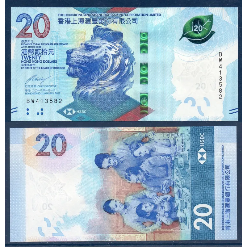 Hong Kong P.218a, Neuf Billet de 20 dollars 2018 Lion