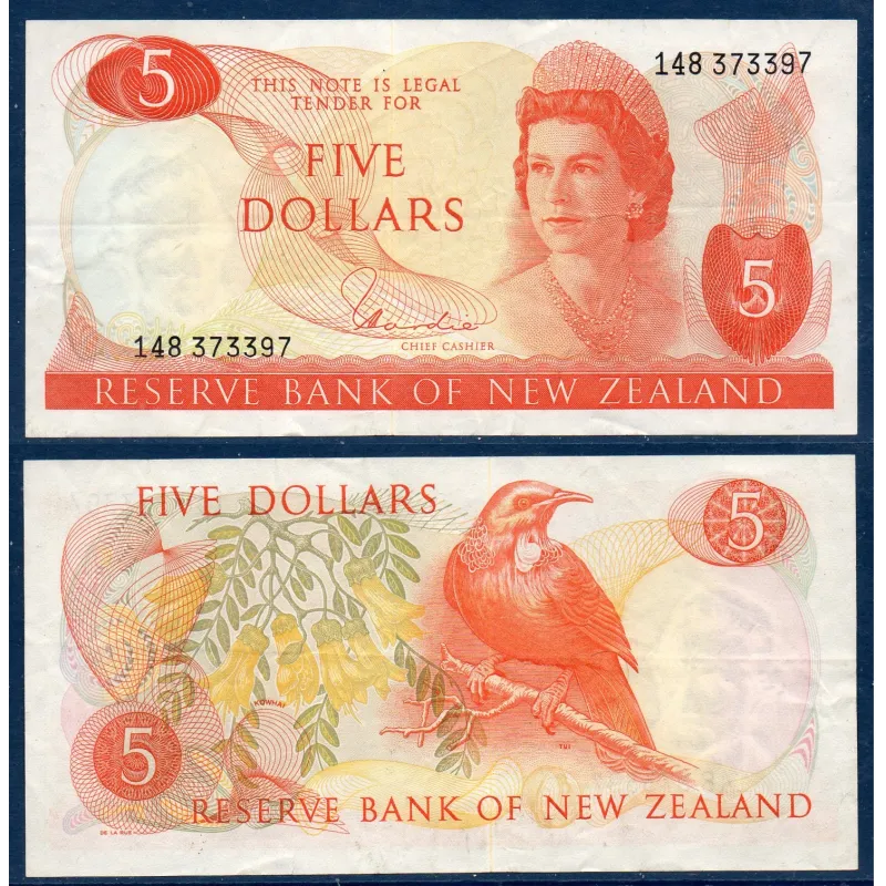 Nouvelle Zelande P.165d, TTB Billet de 5 Dollars 1967-1981 Tui
