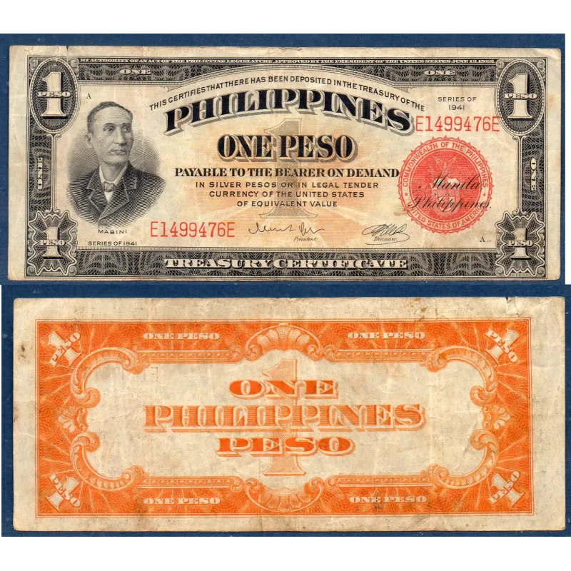 Philippines P.89a, TB Billet de 1 Pesos 1941 Apolinario Mabini Philippines P.89a, TB Billet de 1 Pesos 1941 Apolinario Mabini