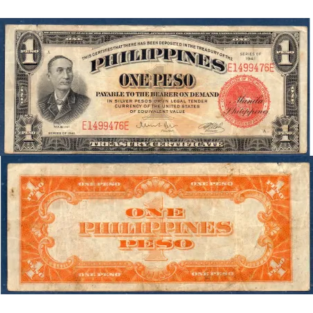 Philippines P.89a, TB Billet de 1 Pesos 1941 Apolinario Mabini