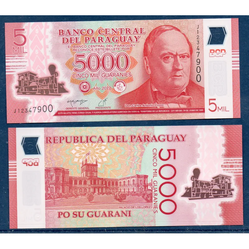 Paraguay P.234d, Billet de 5000 Guaranies 2022 Carlos Antonio López Paraguay P.234d, Billet de 5000 Guaranies 2022 Carlos Antonio López