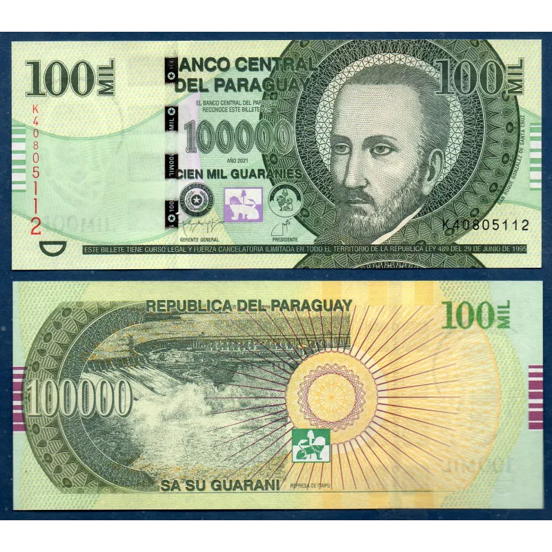Paraguay P.240d, neuf Billet de 100000 Guaranies 2021 Roque Gonzalez Santa Cruz Paraguay P.240d, neuf Billet de 100000 Guaranies 2021 Roque Gonzalez Santa Cruz