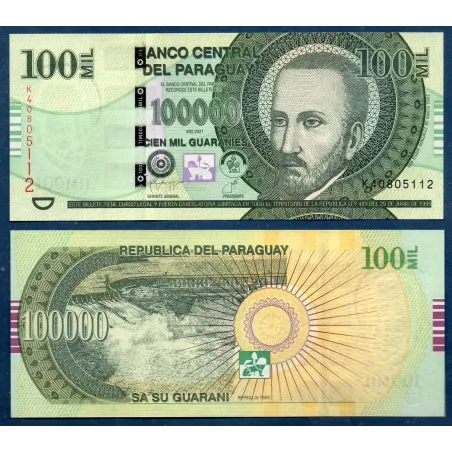 Paraguay P.240d, neuf Billet de 100000 Guaranies 2021 Roque Gonzalez Santa Cruz