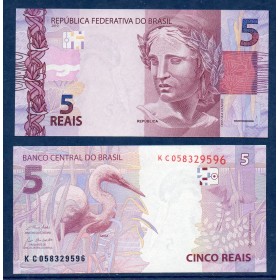 Bresil P.253f,  Neuf Billet de 5 reais 2010 rose