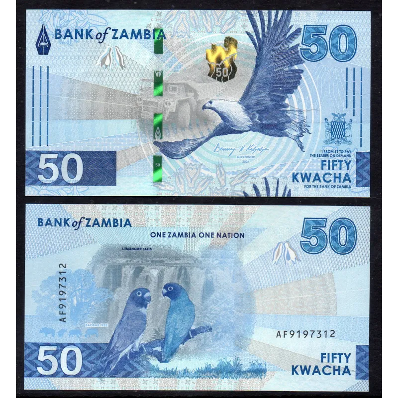 Zambie P.64a, Neuf, Billet de 50 Kwacha 2024 peroquets Zambie P.64a, Neuf, Billet de 50 Kwacha 2024 peroquets