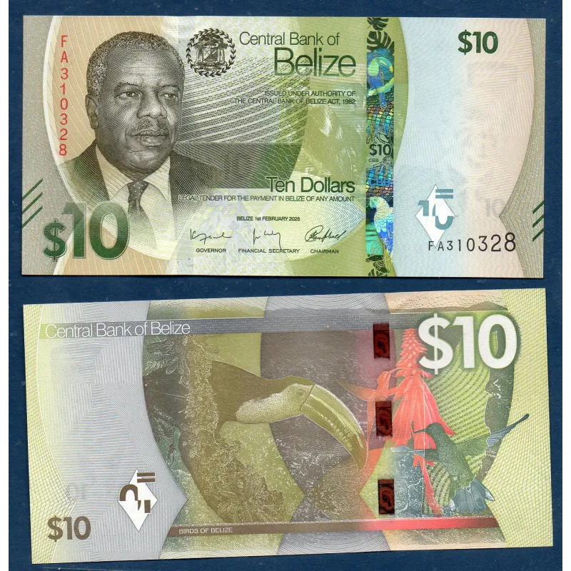 Belize P.75, neuf Billet de 10 dollars 2025 Philip Goldson Belize P.75, neuf Billet de 10 dollars 2025 Philip Goldson