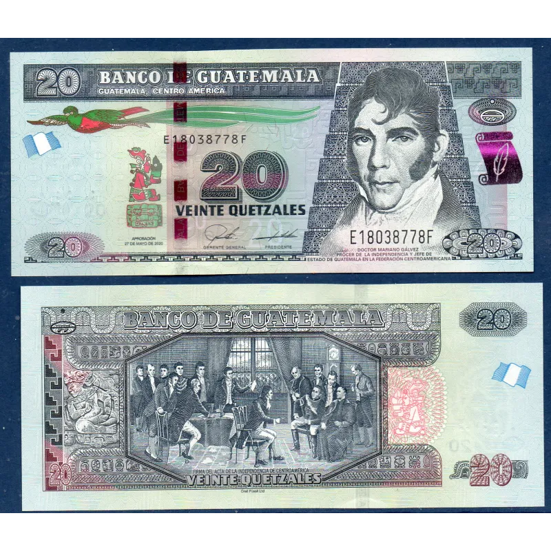Guatemala P.124i, Neuf Billet de 20 Quetzales 2020 Guatemala P.124i, Neuf Billet de 20 Quetzales 2020