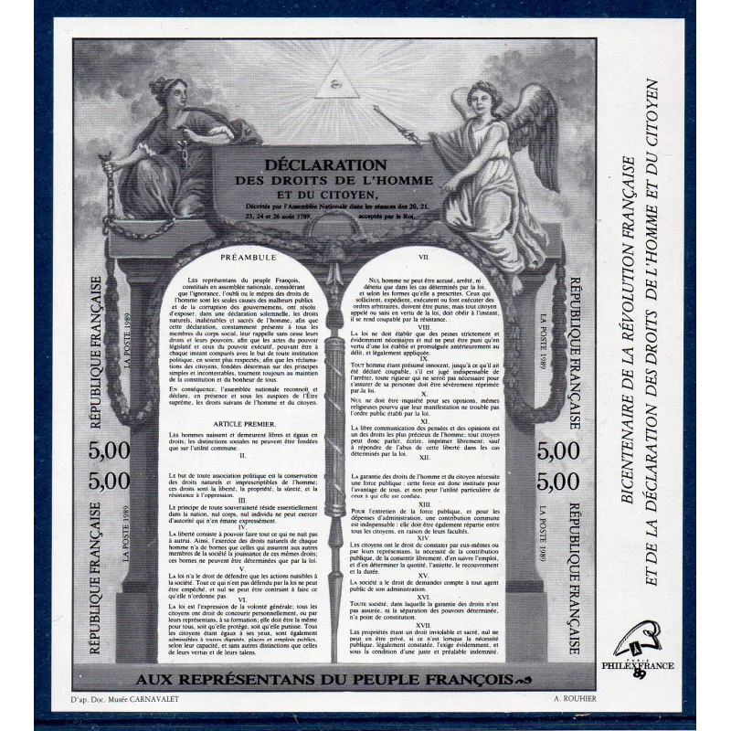 Bloc Feuillet timbres France 11b Déclaration des droits de l'homme en noir non dentelé Bloc Feuillet timbres France 11b Déclaration des droits de l'homme en noir non dentelé