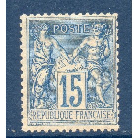 Timbre France Yvert No 90 Type II Sage 15c bleu Neuf ** sans trace de charnière