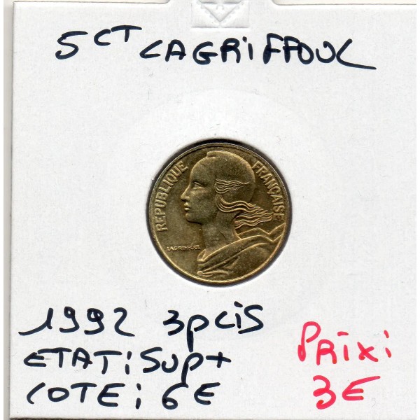 5 centimes Lagriffoul 1992 3 plis Sup+, France pièce de monnaie