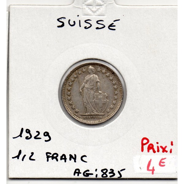 Suisse 1/2 franc 1929 TTB, KM 23 pièce de monnaie