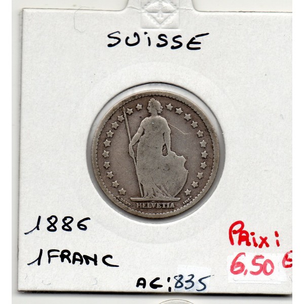 Suisse 1 franc 1886 B, KM 24 pièce de monnaie