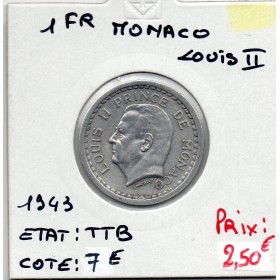 Monaco Louis II 1 franc 1943 TTB, Gad 131 pièce de monnaie