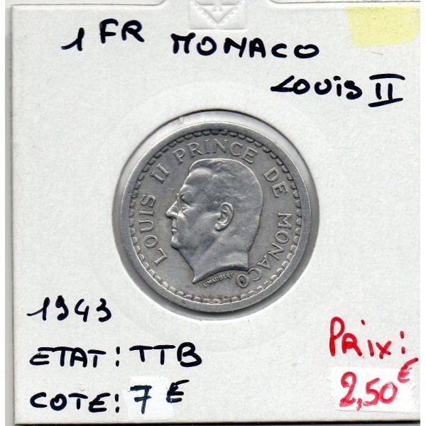 Monaco Louis II 1 franc 1943 TTB, Gad 131 pièce de monnaie