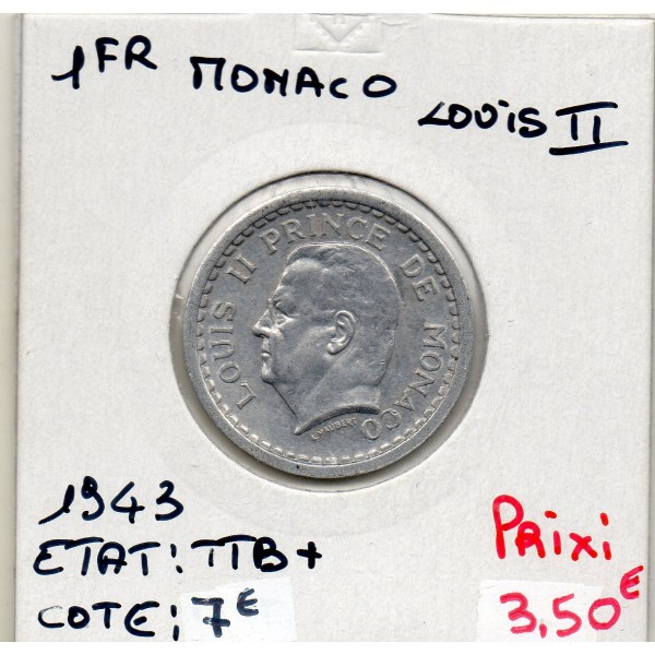 Monaco Louis II 1 franc 1943 TTB+, Gad 131 pièce de monnaie