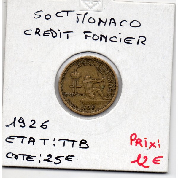Monaco crédit Foncier 50 centimes 1926 TTB, Gad 126 pièce de monnaie