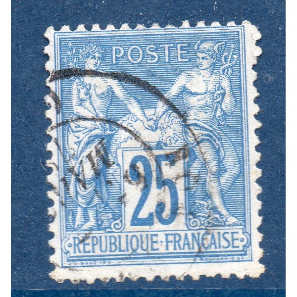 Timbre France Yvert No 79 Type II Sage 25c bleu Oblitéré