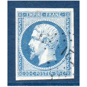 Timbre France Yvert No 14A Type I Empire 20c Bleu Oblitéré Petits chiffres