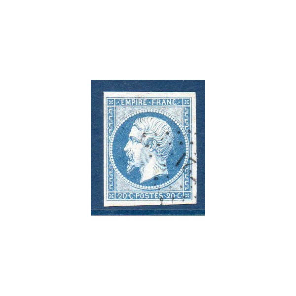Timbre France Yvert No 14A Type I Empire 20c Bleu Oblitéré Petits chiffres