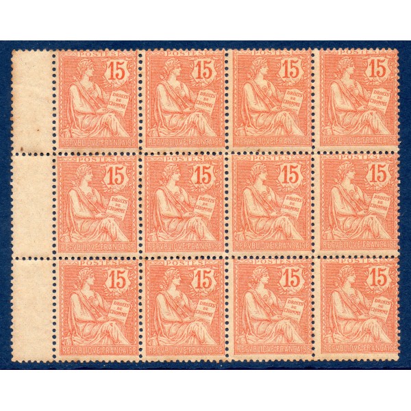 bloc de 12 timbres France Yvert No 125 Type Mouchon 15c Vermillon neuf ** et neufs*