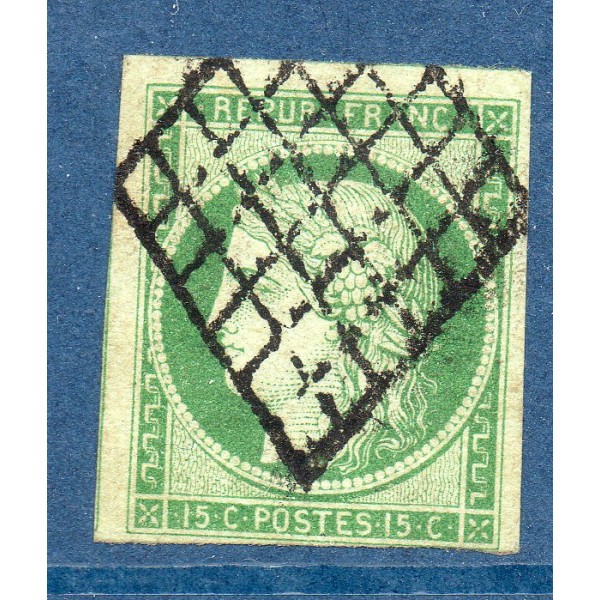 Timbre France Yvert No 2 Type Cérès 15c Vert Oblitéré Grille