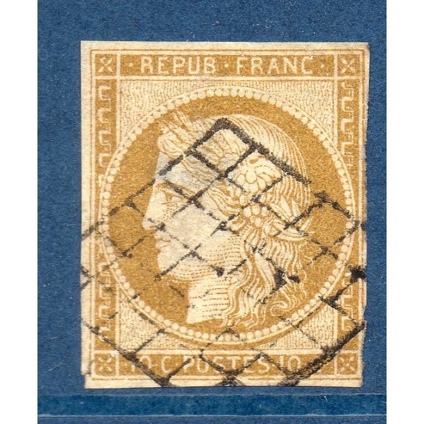 Timbre France Yvert No 1 Type Cérès 10c Bistre Jaune Oblitéré grille