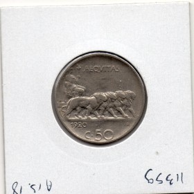 Italie 50 centesimi 1920 striée Sup,  KM 61.2 Quadrige lions