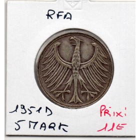 Allemagne RFA 5 deutche mark 1951 D, TTB KM.112