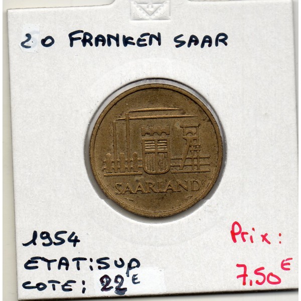 Sarre Saar, 20 franken 1954 Sup, Gad 2 pièce de monnaie