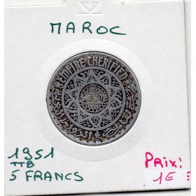 Maroc 5 francs 1370 AH -1951 TTB, Lec 247 pièce de monnaie