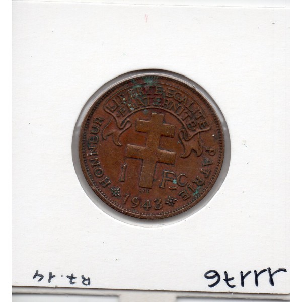 Cameroun 1 franc 1943 TTB, Lec 16 pièce de monnaie