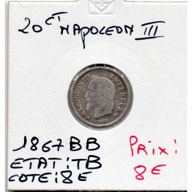 20 centimes Napoléon III tête laurée 1867 BB Strasbourg TB