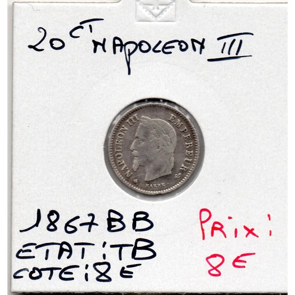 20 centimes Napoléon III tête laurée 1867 BB Strasbourg TB