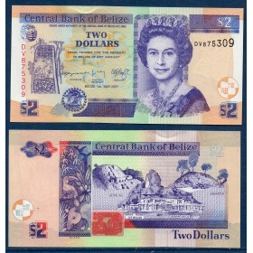 Belize P.66g, Neuf Billet de 2 dollars 2021 ruine Maya