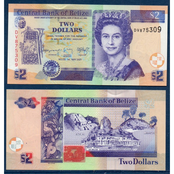 Belize P.66g, Neuf Billet de 2 dollars 2021 ruine Maya
