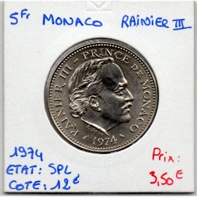 Monaco Rainier III 5 Francs 1974 Spl, Gad.153