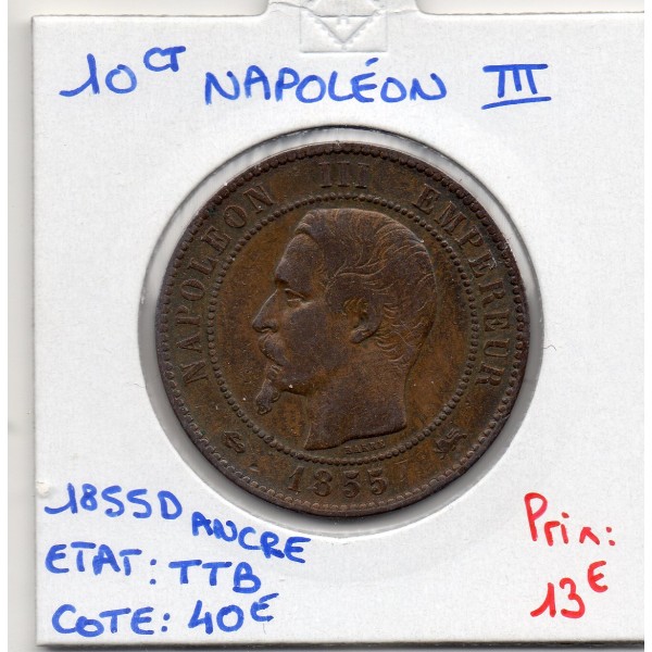 10 centimes Napoléon III tête nue 1855 D ancre Lyon TTB