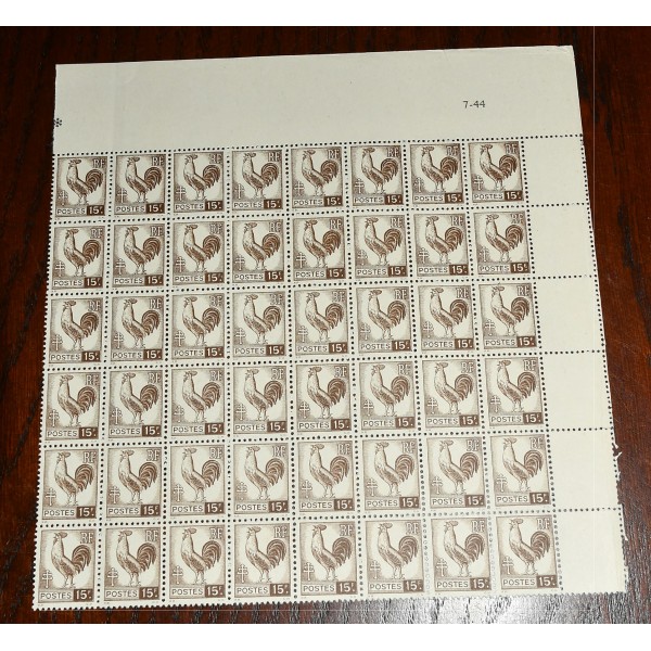 1 fragment de feuille de 48 Timbres de France 647 coq d'Alger neufs**